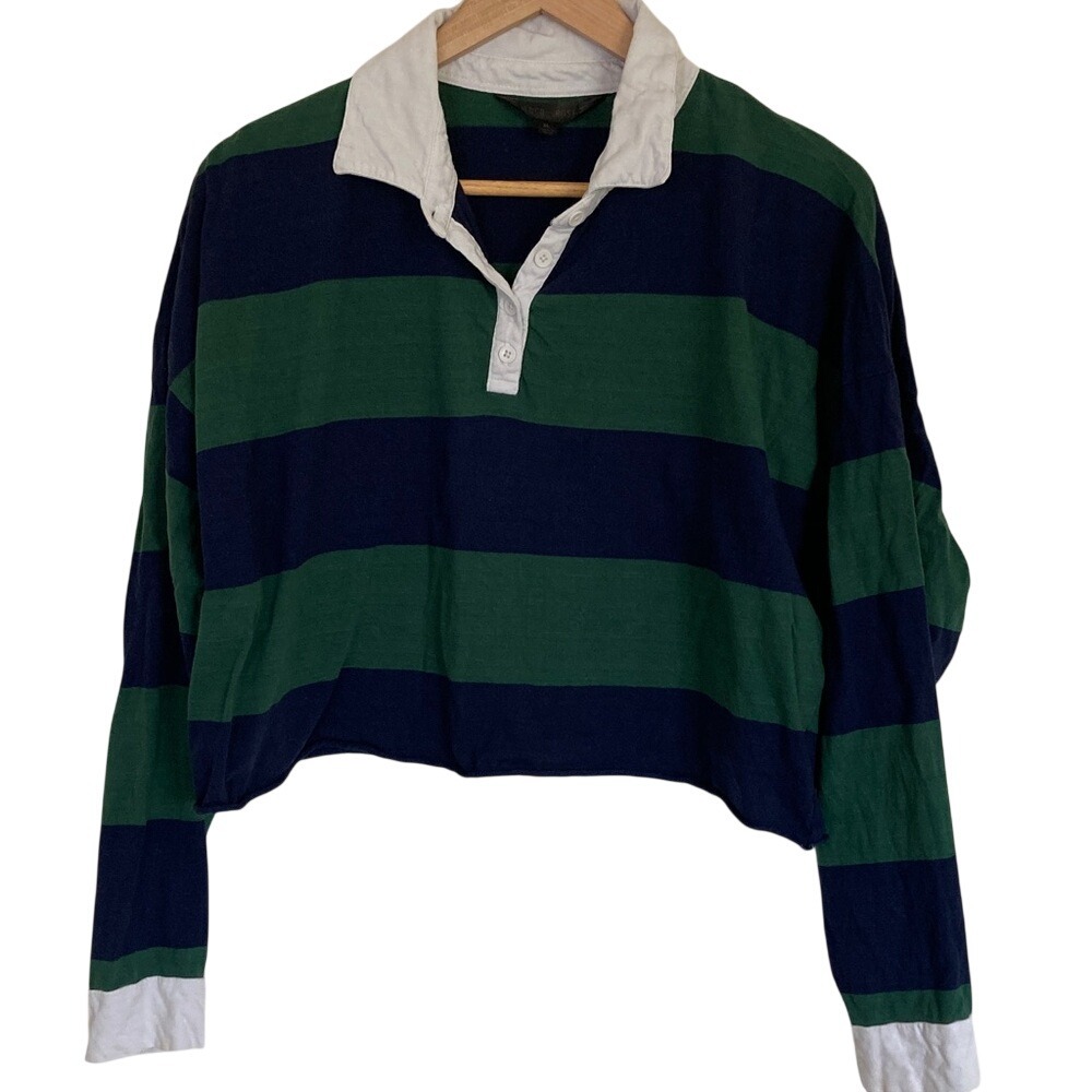Faded Rose Womens Cropped Rugby Shirt Navy Green Stripes Size XL Collar Long Slv